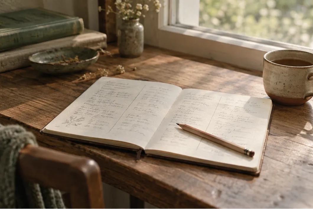 Pencere kenarında açık bir defter ve kalem