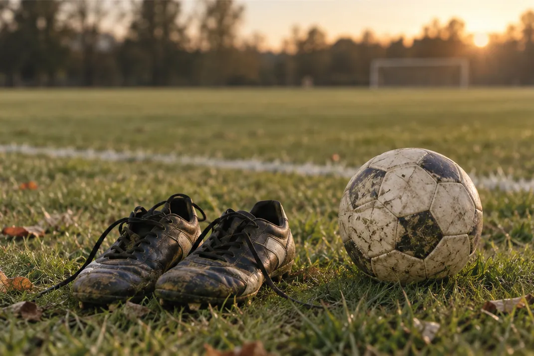 Gün batımında çimenlerin üzerinde kramponlar ve futbol topu
